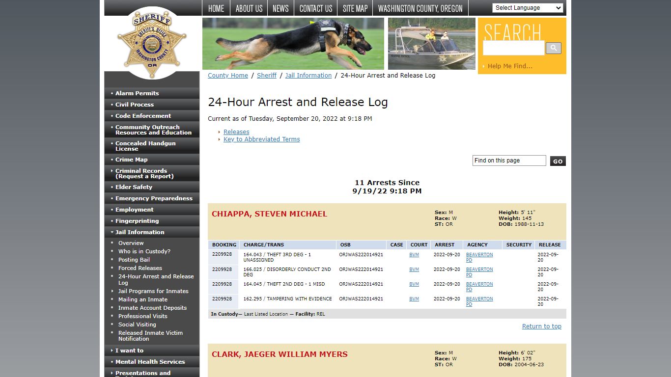 24-Hour Arrest and Release Log - Washington County, Oregon